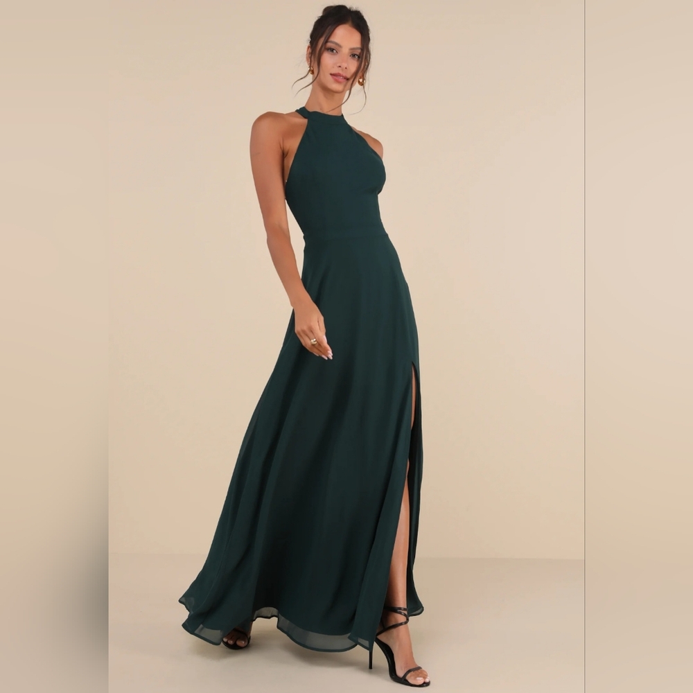Lulus - Confidently Charismatic Emerald Backless Halter Maxi Dress - Picture 2 of 10